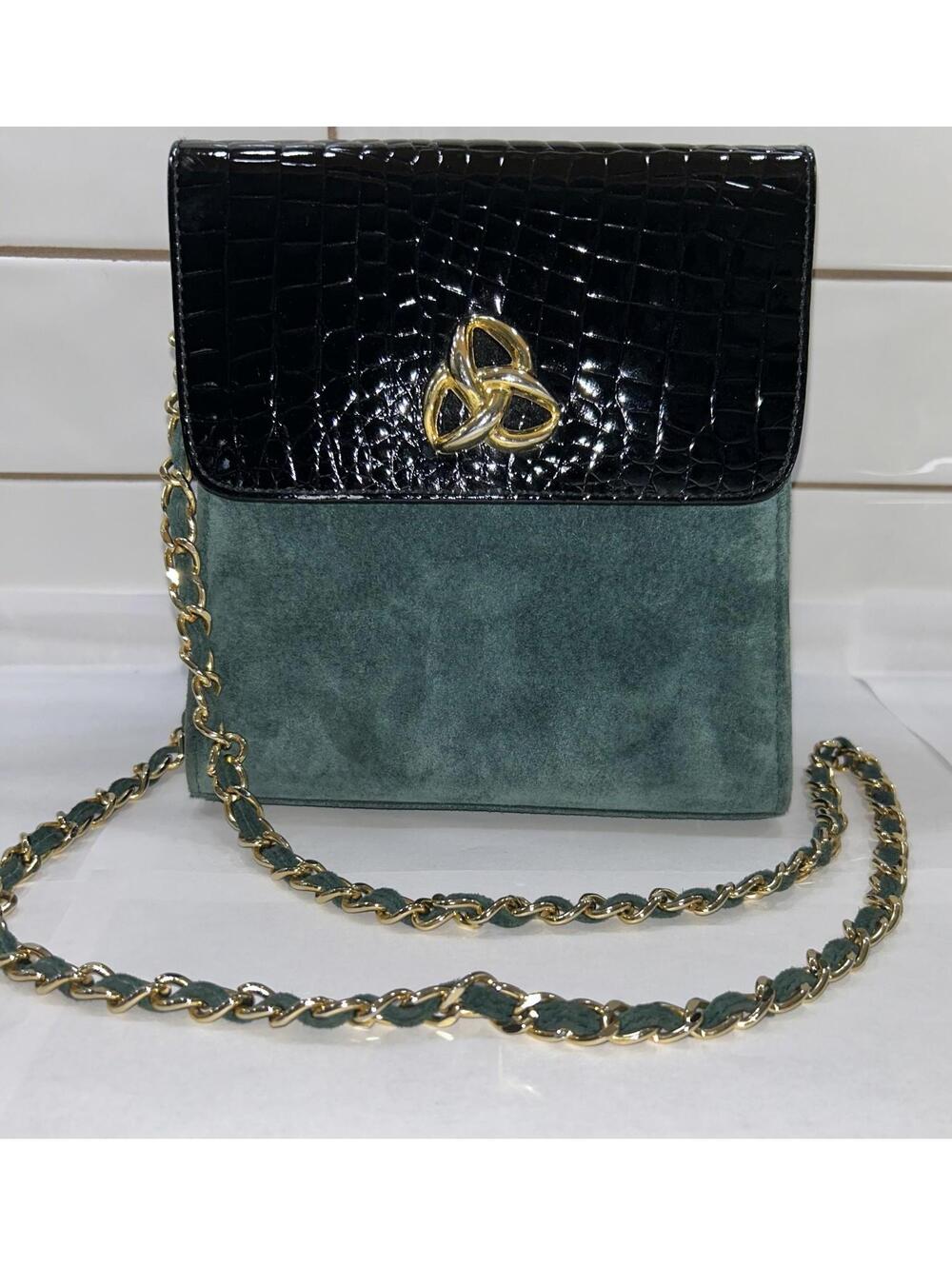 Vintage Magid Green Suede Black Leather Crossbody Bag with Gold tone Chain Strap